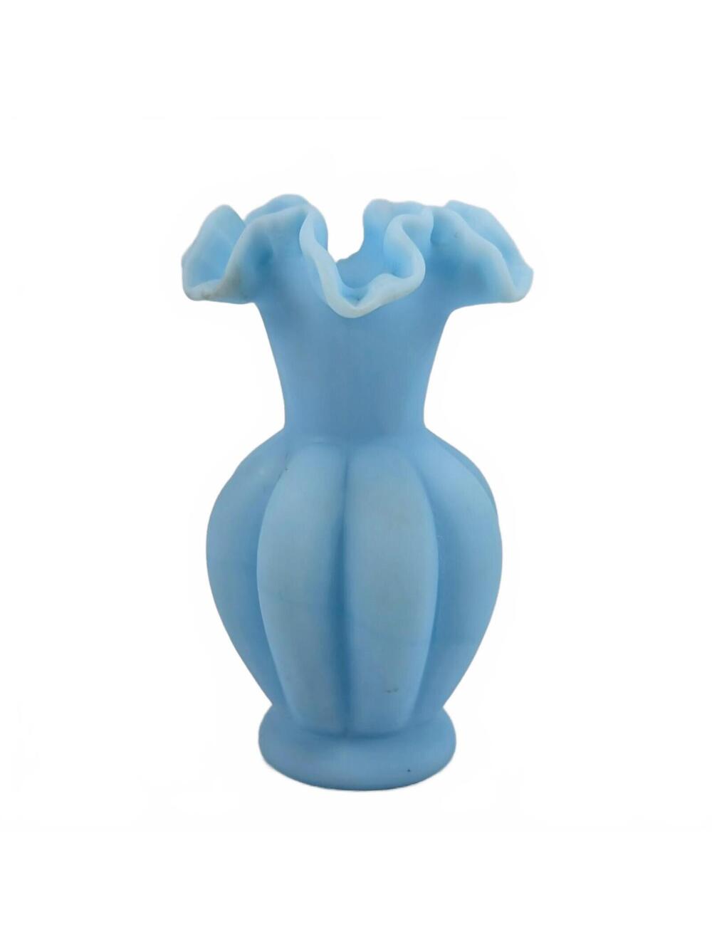 Vtg Fenton Blue Satin Melon Vase 5.75"